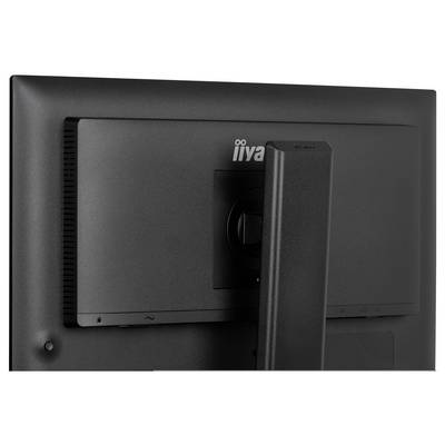 'Rear view of a black computer monitor, showing the stand attachment and part of the logo near the top. The screen is turned off.'