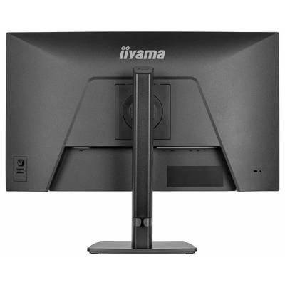 Rear view of a black computer monitor showing brand logo, adjustable stand, and input ports.