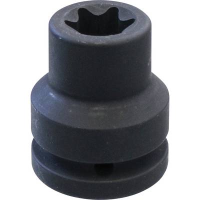 A black, steel socket adapter with a hexagonal opening on top and a cylindrical shape, designed for use with power tools.
