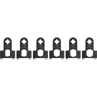 Five identical black metal brackets with diamond-shaped cutouts and the text 'E3000HP Made in Germany' are aligned in a row.