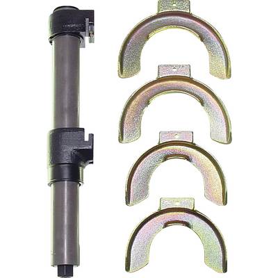 'Valve spring compressor tool with four interchangeable brackets for different spring sizes, used in automotive engine maintenance.'