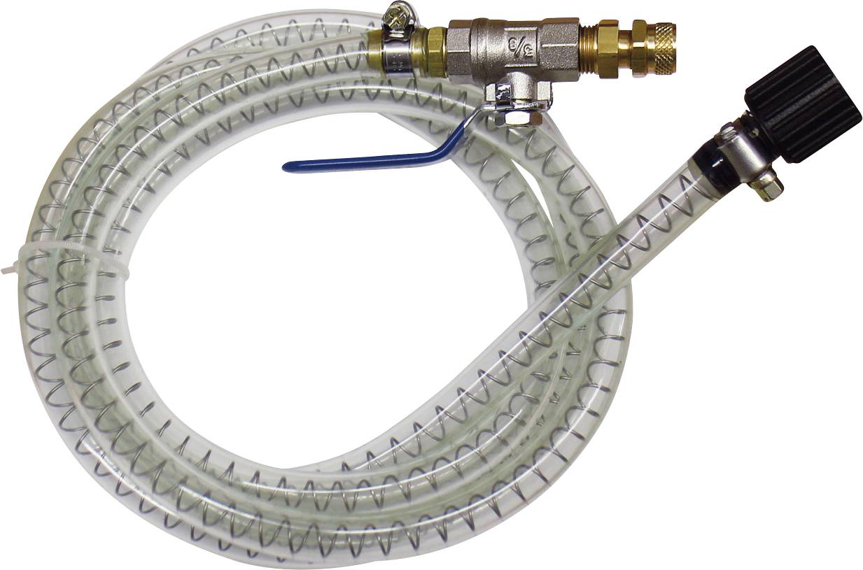 A flexible, transparent spiral hose with metal connectors and a black knob, used to regulate liquid or gas flow, coiled neatly.