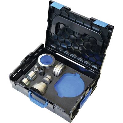 'A black toolbox with a hexagonal pattern on the lid. Inside, various metal parts and tools are organized in custom foam cutouts.'