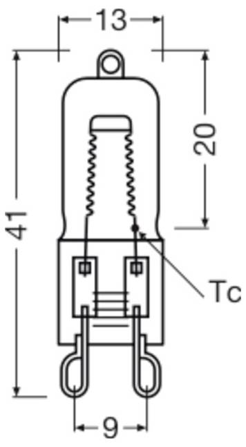 'Illustration of a light bulb with dimensions: height 41mm, diameter 13mm at the top, and 9mm at the bottom. Inner components labeled Tc.'
