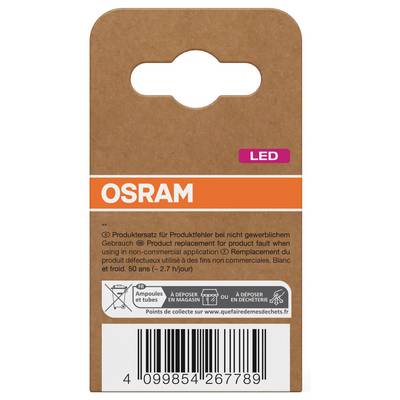 OSRAM LED product package with barcode, recycling icons, and disposal instructions on a brown-and-orange card.