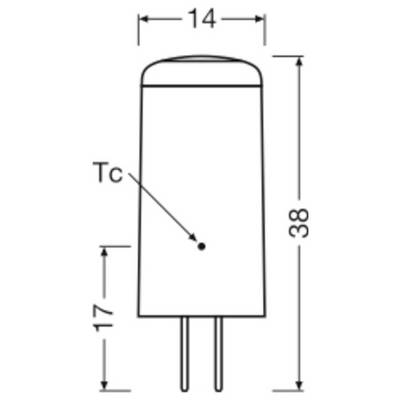 Diagram of a cylindrical electronic component with two pins, showing dimensions: 14 mm width, 38 mm height, with 'Tc' labeled at 17 mm.