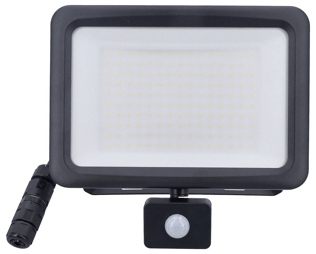 A rectangular LED floodlight with a black frame and built-in motion sensor. A cable connector is visible on the side.