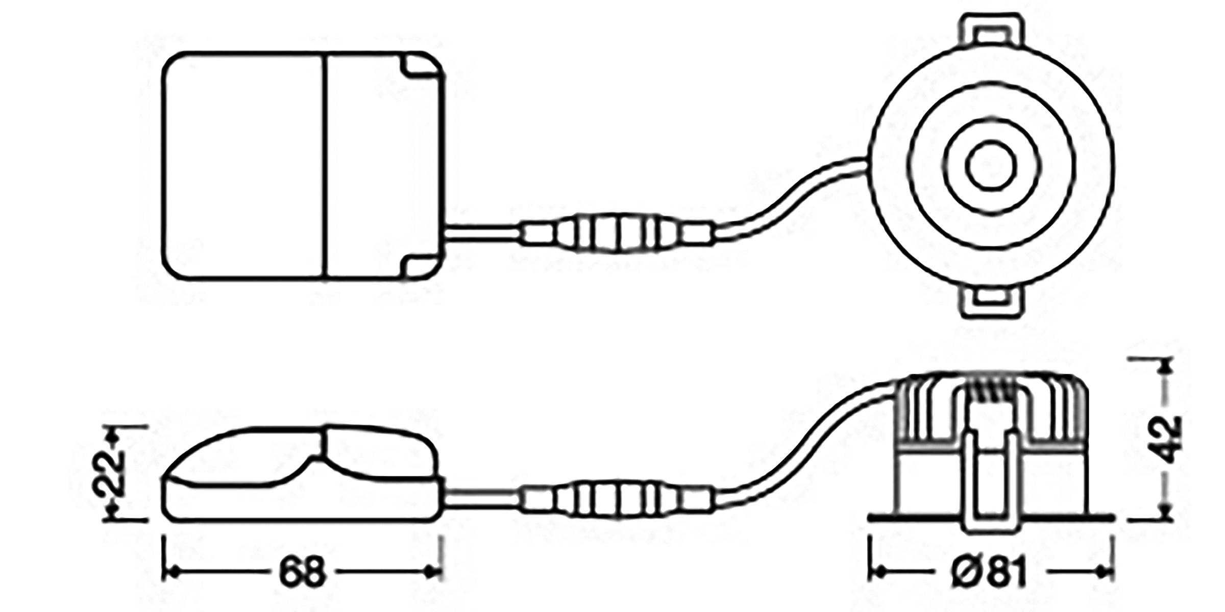 Line drawing showing dimensions of two connected electronic components. Top view length is 68mm, width 81mm. Side view height is 42mm, component height is 22mm.