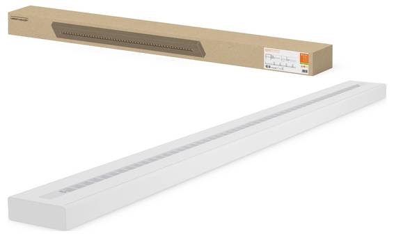 A white, rectangular motion sensor LED light with a row of LEDs on a surface. Packaging box with label shown in the background.