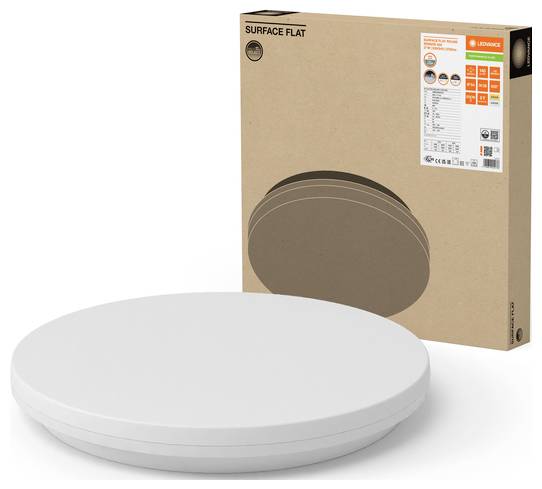 Round white ceiling light by Ledvance, with packaging box showing product details.