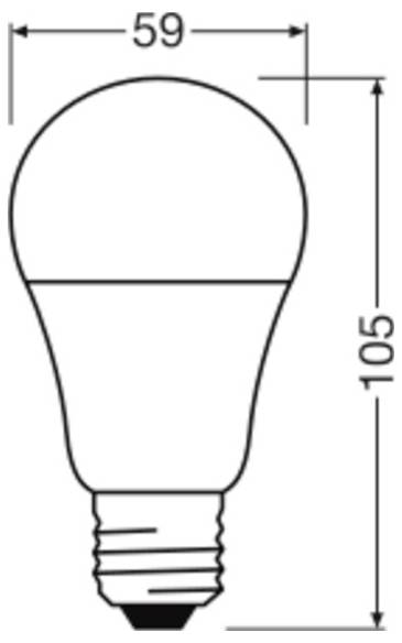Line drawing of a light bulb with dimensions; height is 105 mm and width is 59 mm.
