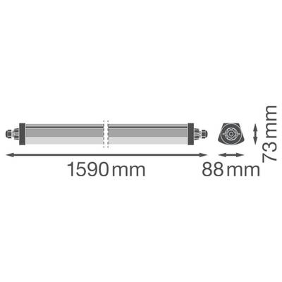 Diagram of a cylindrical object measuring 1590mm in length, 88mm in width, and 73mm in height, with detailed end view.