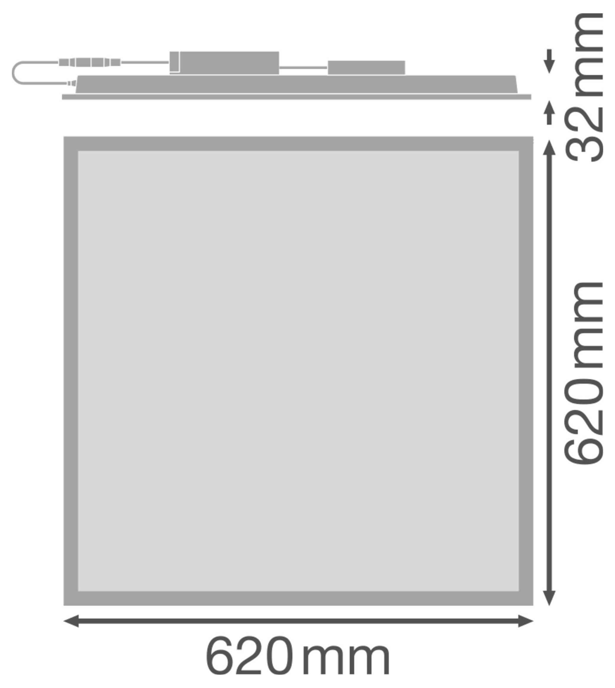 'LED panel light dimensions: 620mm x 620mm square with 32mm height.'