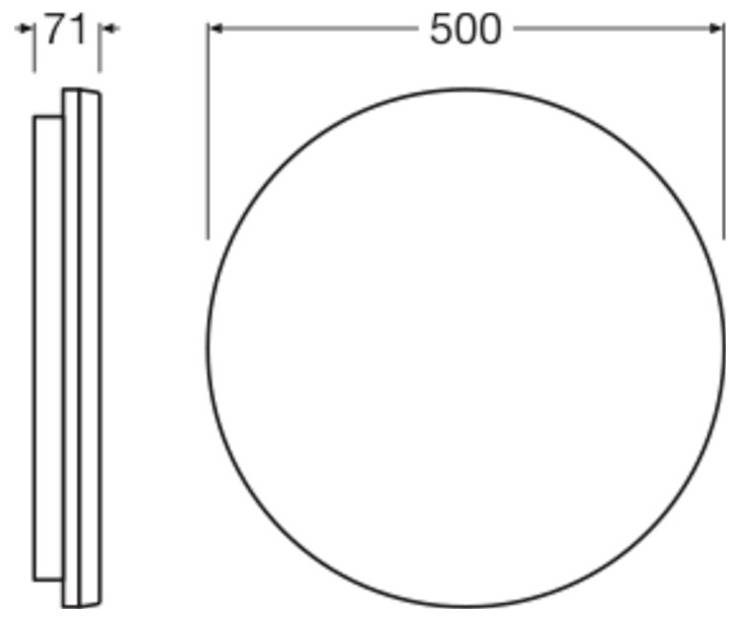 'Technical drawing of a round object with dimensions: diameter 500, depth 71.'