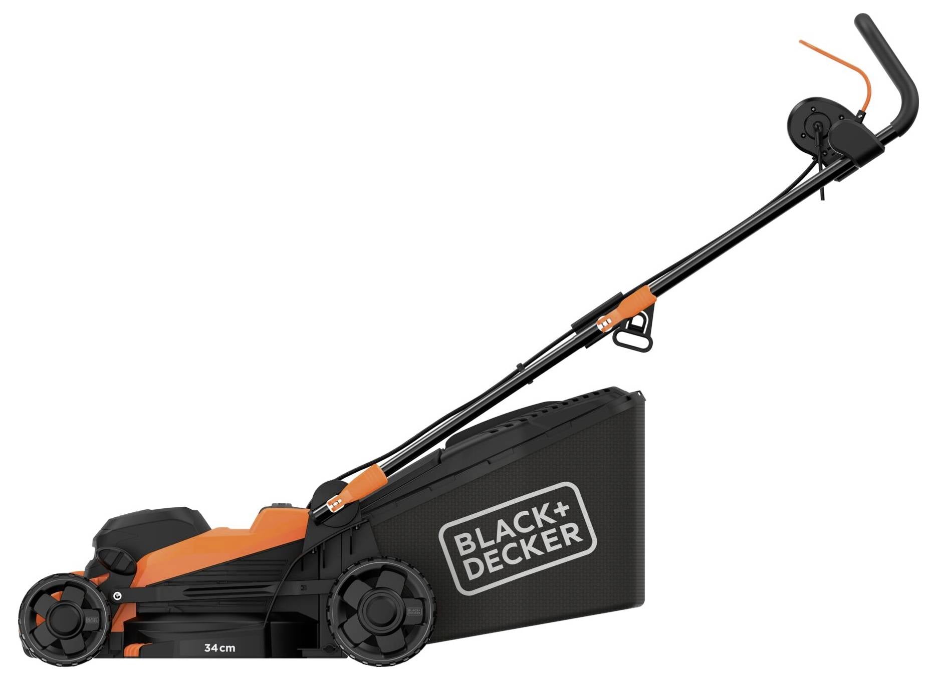 A side view of a Black+Decker lawn mower with a black and orange design, showing the handle, wheels, and grass collection bag.
