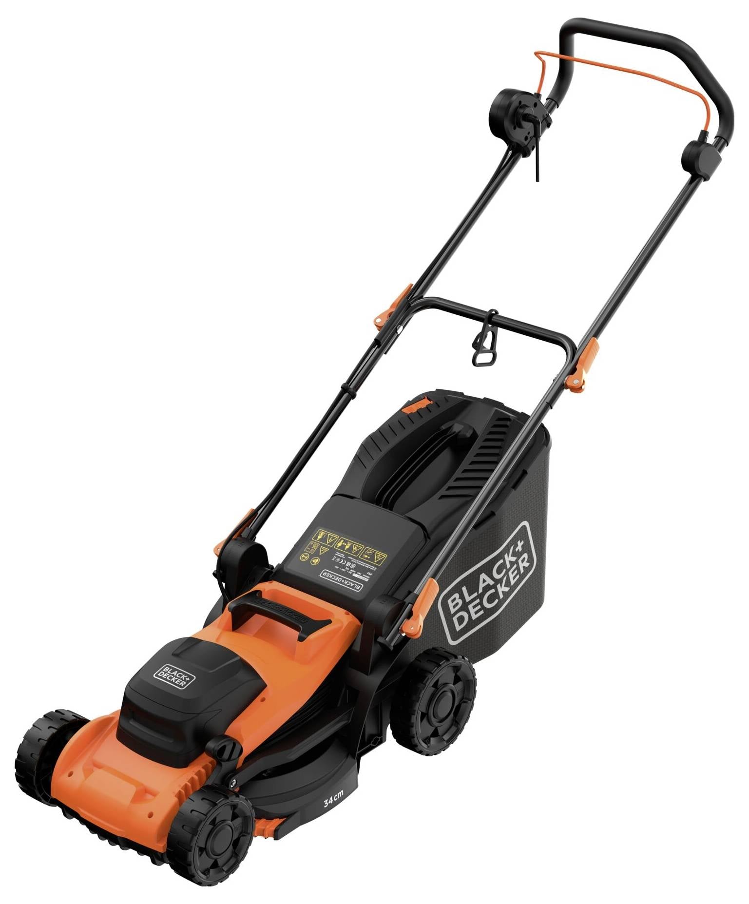 A Black+Decker cordless lawn mower with an orange and black design, featuring a rechargeable battery, large wheels, and adjustable handle.