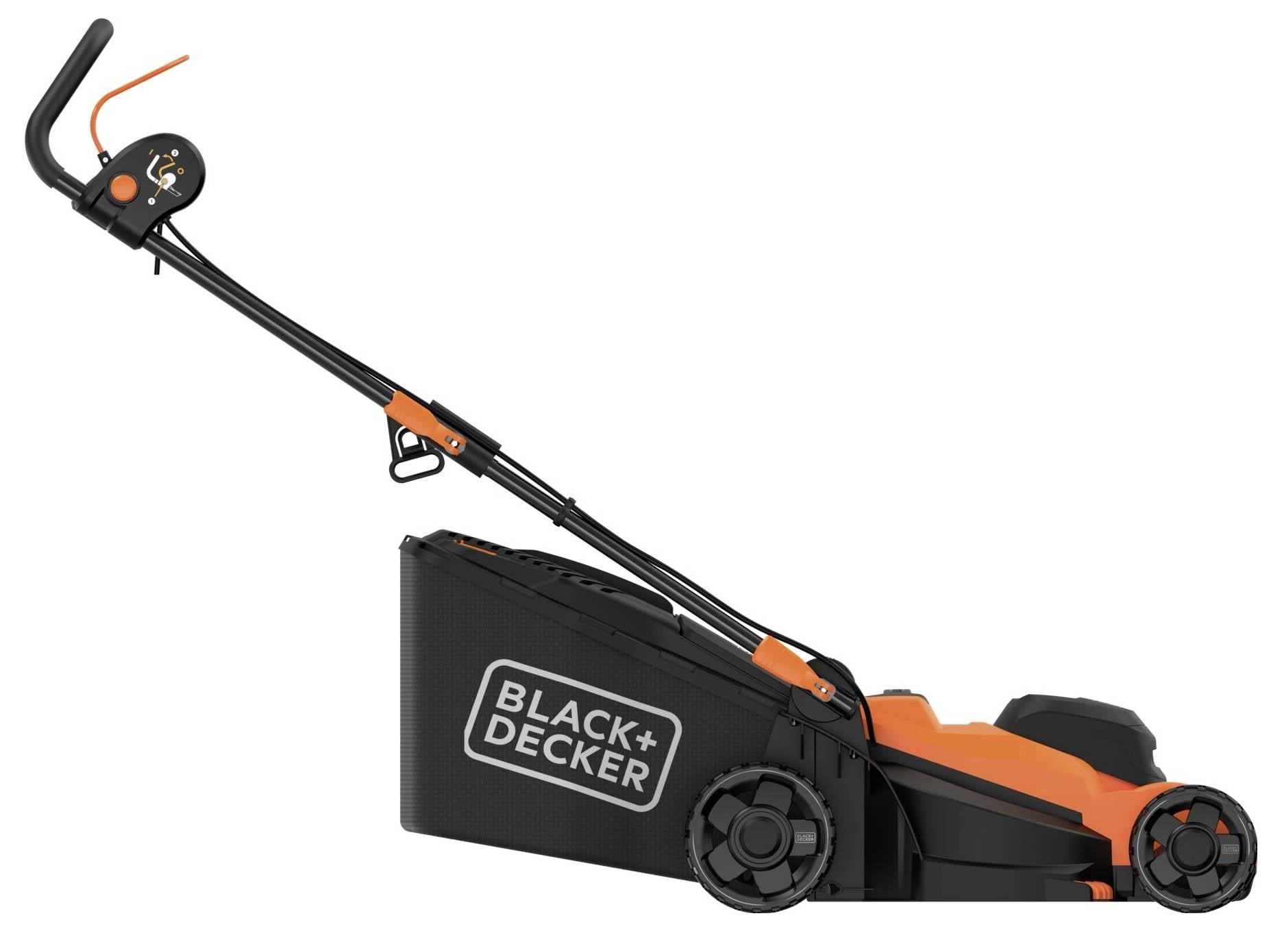 Electric lawnmower with 'Black + Decker' logo on side, featuring an adjustable handle and large rear wheels for maneuverability.