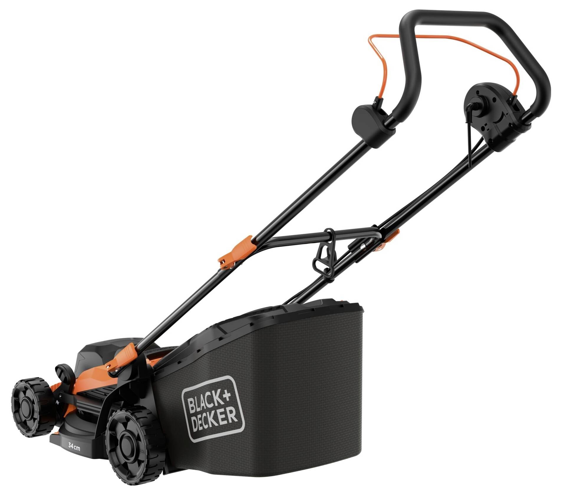 A black and orange electric lawnmower with a grass-catching bag attached, designed for efficient lawn maintenance.