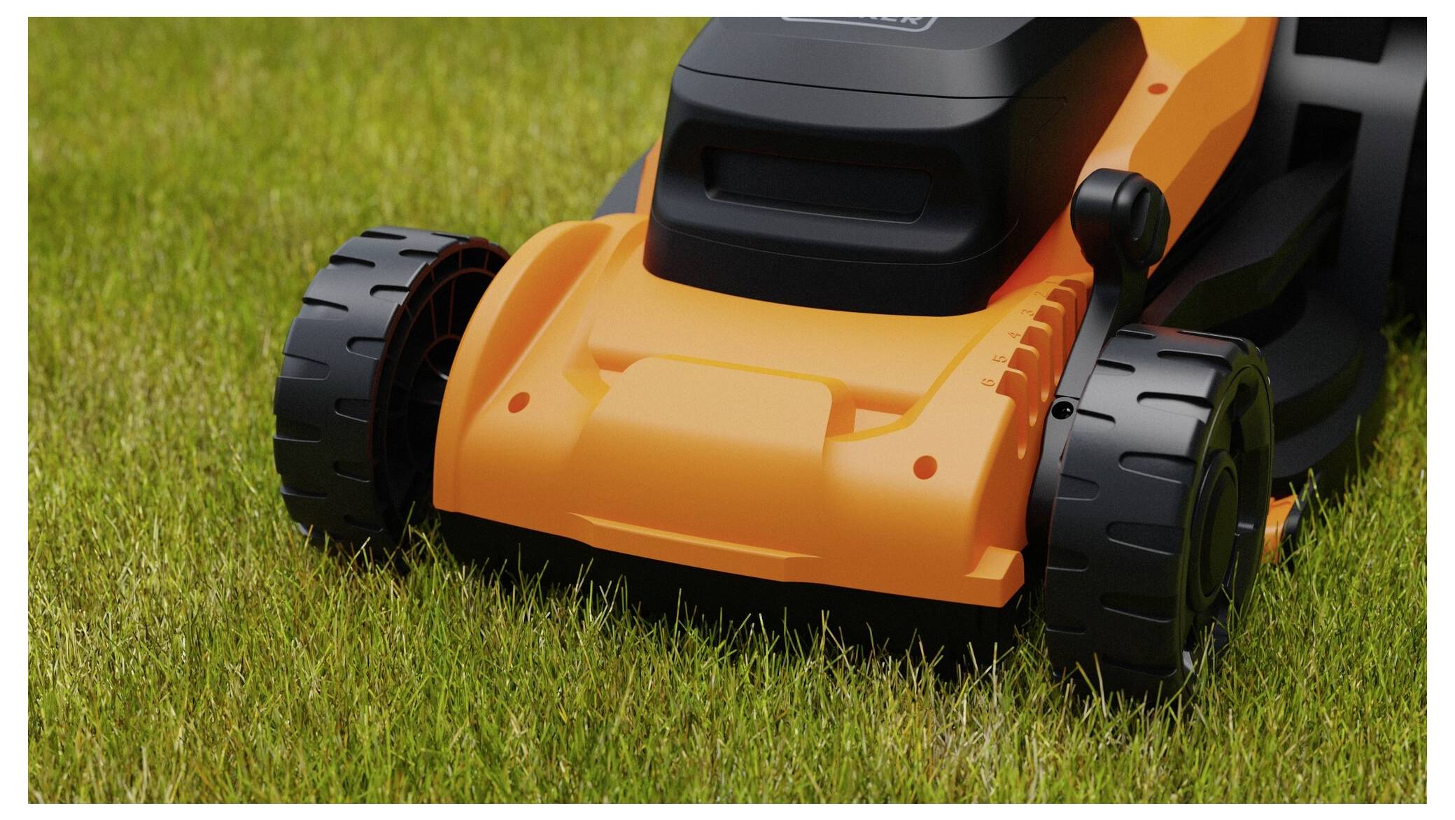 A close-up of an orange and black lawn mower cutting grass, showcasing the front wheels and blades on a bright green lawn.