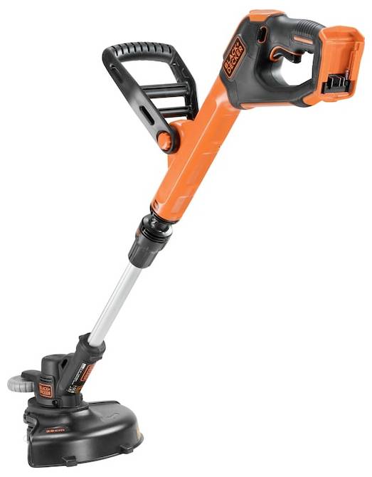 An orange and black cordless grass trimmer with adjustable handle and visible battery, designed for trimming lawn edges and grass.