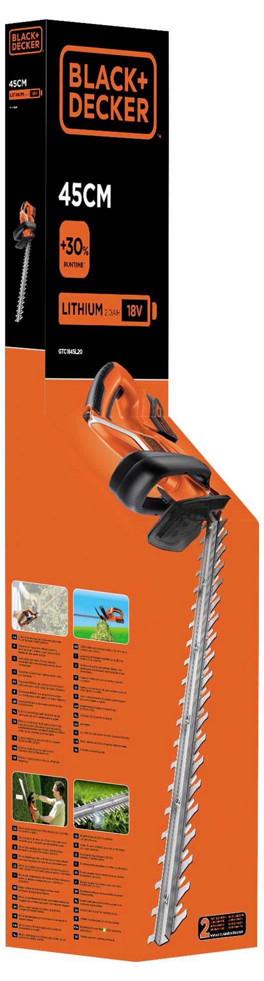 'BLACK+DECKER' hedge trimmer packaging showcasing product features: 45cm blade, 30-minute runtime, lithium battery, ergonomic handle design.