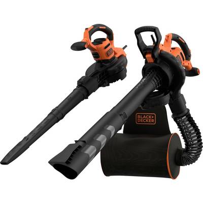 A Black+Decker leaf blower and vacuum showing its two modes: blowing with an extended nozzle, and vacuuming with a mulch bag attached.