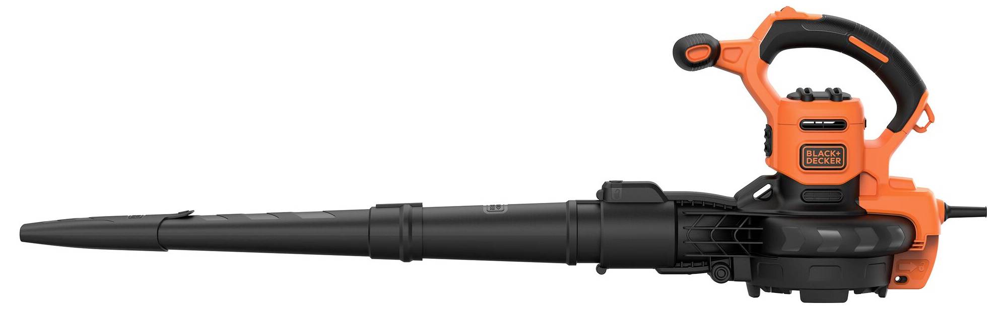 An electric leaf blower with an ergonomic handle and orange casing, designed for clearing leaves and debris from outdoor spaces.