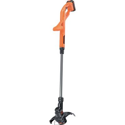 An orange cordless string trimmer with a sleek design and adjustable handle, used for trimming grass and weeds in gardens and yards.