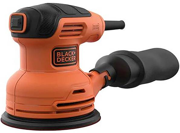 An orange Black+Decker random orbit sander with a black handle, used for sanding surfaces in woodworking and home improvement tasks.