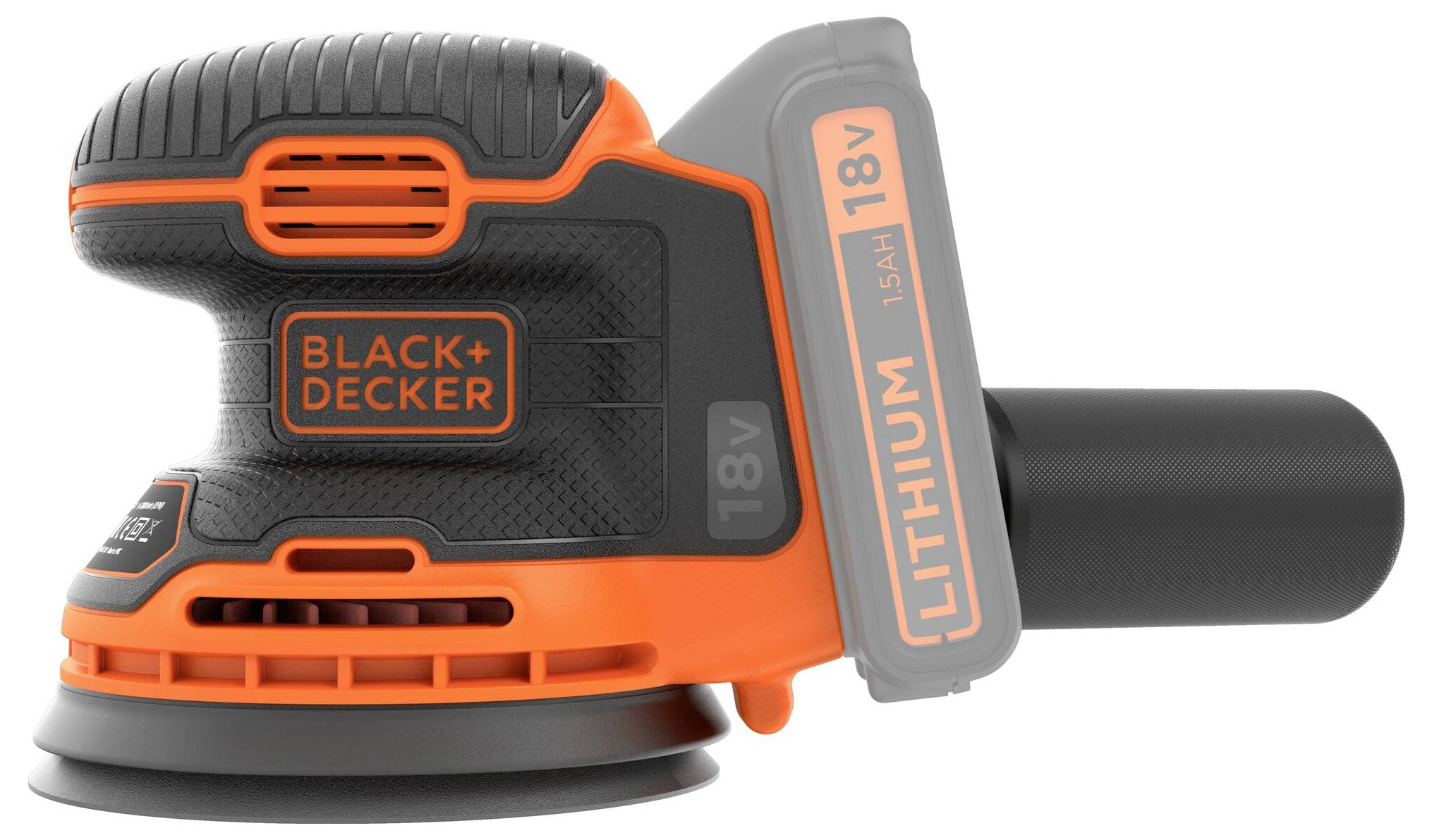 'Black + Decker 18V lithium cordless sander with ergonomic design, orange and black color, shown from the side with battery attached.'