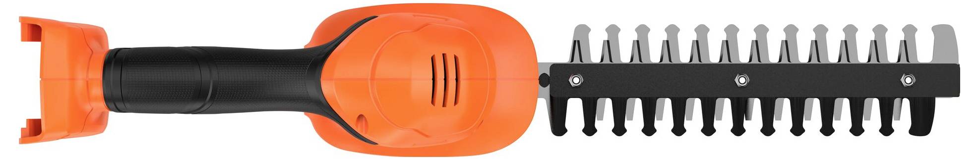 A handheld orange and black electric garden trimmer with a serrated cutting blade, designed for trimming grass and small shrubs.