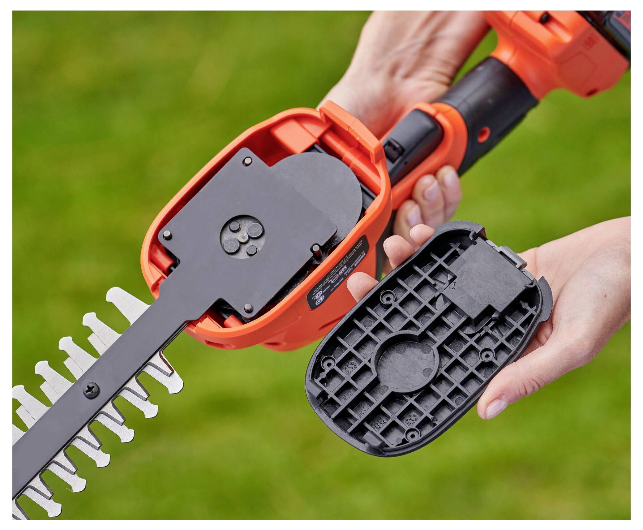 A person holding a red and black hedge trimmer shows its removable battery pack against a backdrop of green grass.