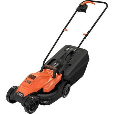 An orange and black lawnmower with a long handle, designed for grass cutting, featuring large rear wheels and a grass collection box.