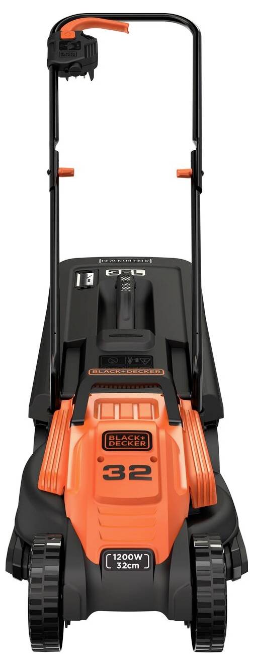 A lawnmower with an orange and black design. It features a 32 cm cutting width, ergonomic handle, and a power rating of 1200 watts.