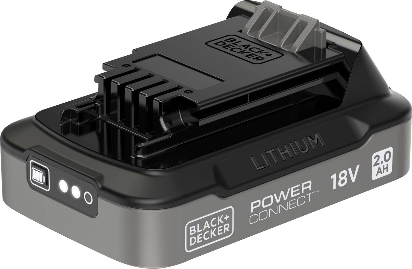 Black and Decker 18V lithium battery pack with a 2.0 Ah capacity, featuring an LED charge indicator and compact design.