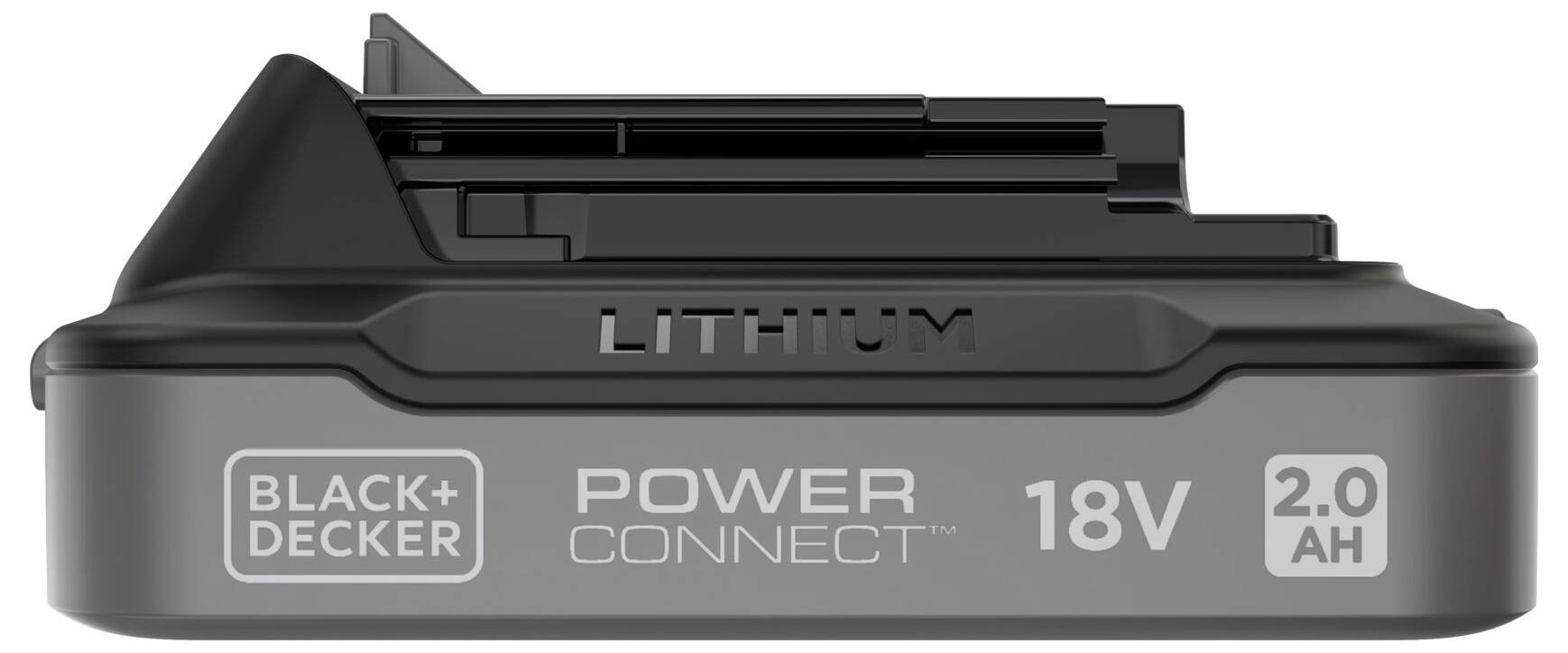 'BLACK+DECKER Lithium Battery, Power Connect, 18V, 2.0 Ah, side view.'