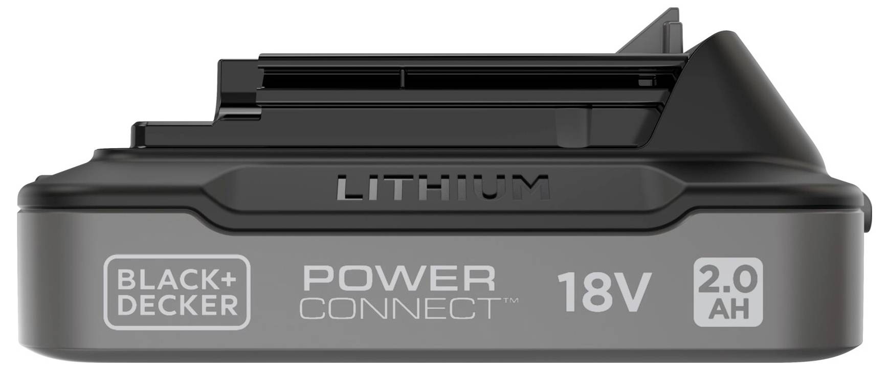 A Black+Decker 18V, 2.0 Ah lithium battery pack with a Power Connect feature, shown from the side and top.
