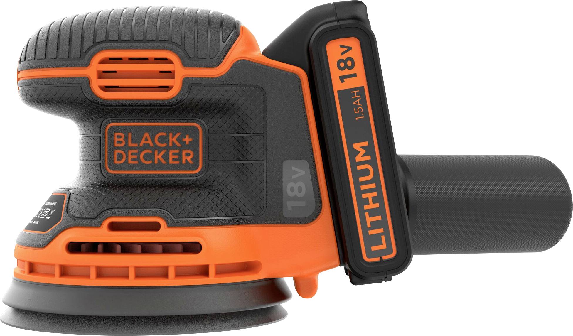 A compact Black+Decker 18V lithium cordless power sander with an ergonomic grip and a detachable dust collection system.
