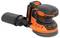 A black and orange Black+Decker lithium-battery powered circular sander with a dust collector attachment, designed for smoothing surfaces.