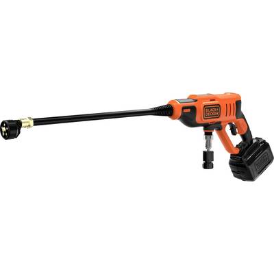 A cordless Black+Decker power washer with an orange and black design, long spray nozzle, and rechargeable battery is shown.
