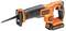 Black and Decker orange and black reciprocating saw with an 18V lithium battery, showing the side view with safety features.