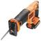 An orange and black reciprocating saw with a visible blade, featuring the 'Black & Decker' logo on its side, designed for cutting.