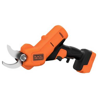 An electric hand pruner labeled 'BLACK+DECKER' with a bright orange handle and black grip, featuring sharp metallic blades.