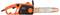 An orange and black chainsaw with a visible label on the side, featuring a safety lever and a long metal blade with sharp teeth.