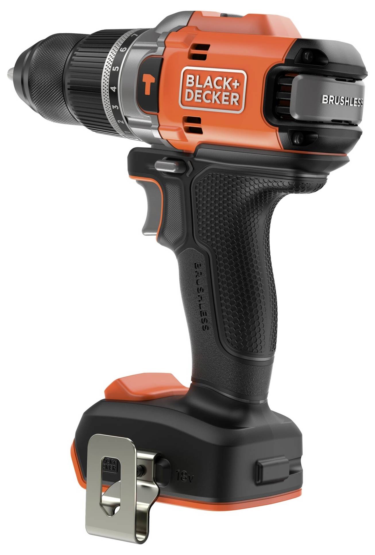An orange and black cordless drill with a 'Black+Decker' label, featuring a brushless motor and adjustable settings knob.