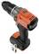 A cordless drill with an orange and black design, labeled 'BLACK+DECKER'. It features a grip handle, trigger, and adjustable drill settings.