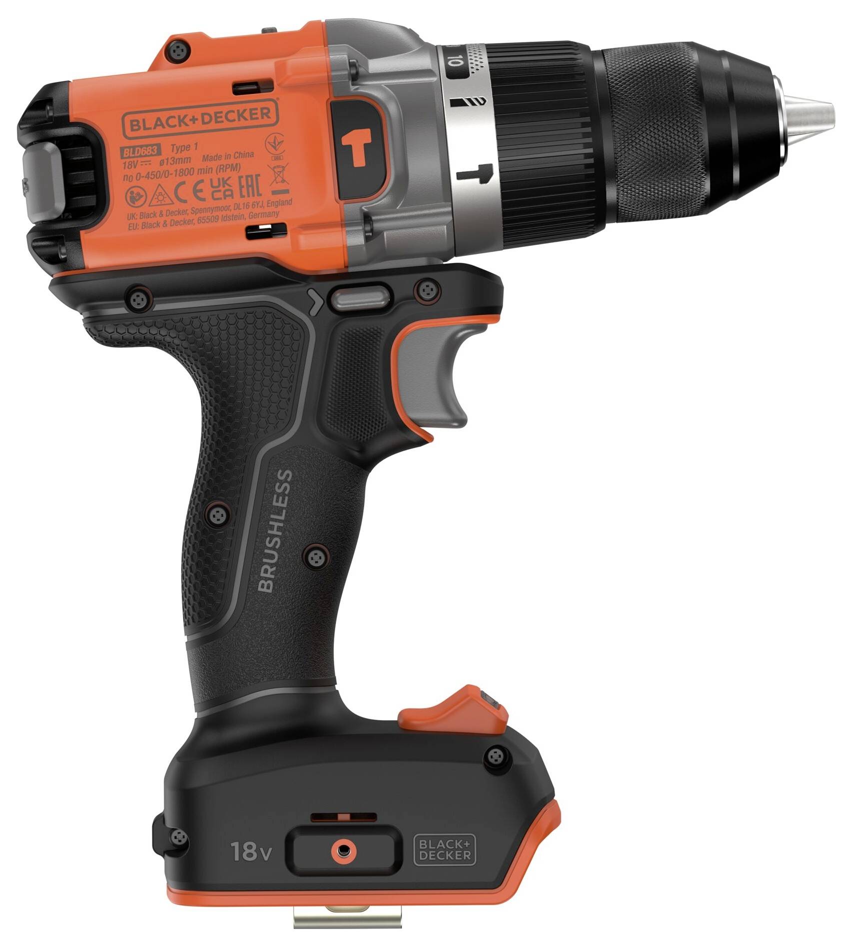 An orange and black cordless drill with a visible label, showing a side view. It features a keyless chuck and ergonomic grip.