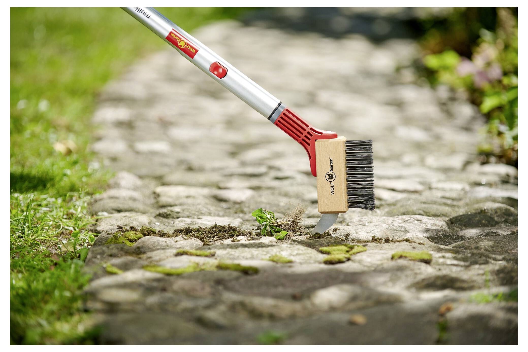 'A broom with a red handle and a scraper is being used to clean moss from between stones on a garden path, surrounded by grass and plants.'