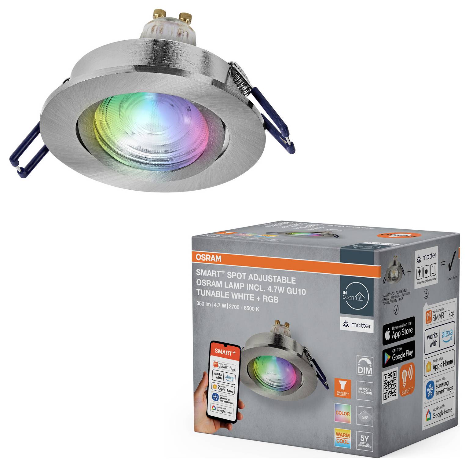 'OSRAM Smart+ Spot Adjustable' lamp with adjustable colors. Box displays product features: tunable white + RGB, 4.7W GU10.