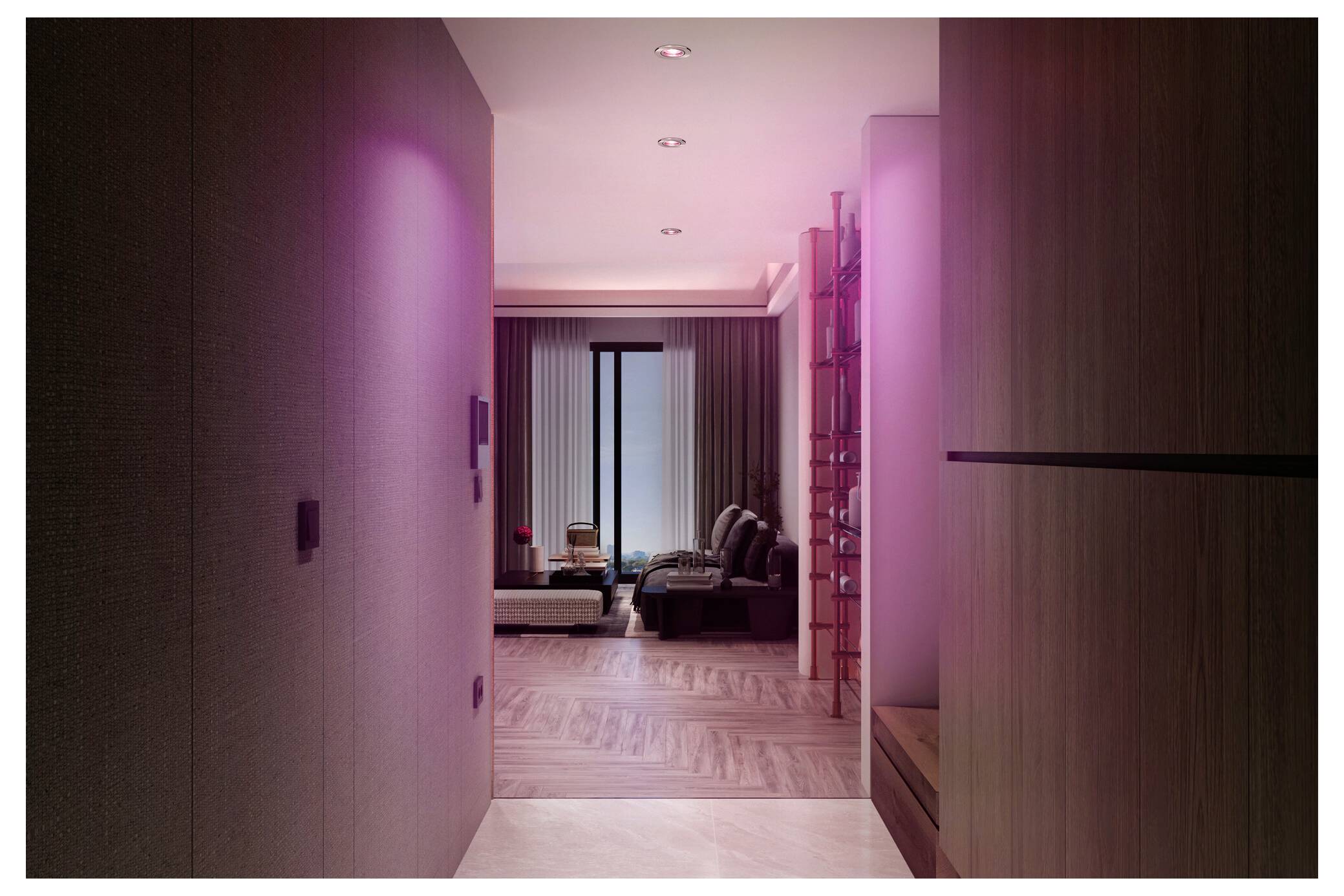 A dimly lit hallway with pink lighting leads to a modern living room. The living room features a large window and a sofa.